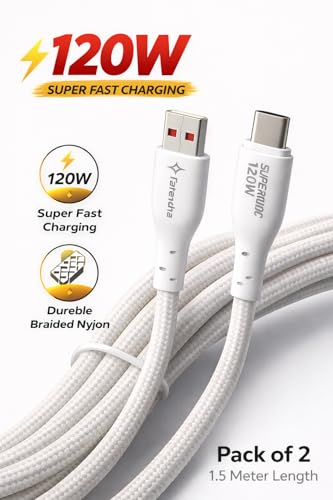 Image of USB Type-A to Type-C Fast Charging Cable, 120W SuperVOOC, Nylon Braided, 1.5 Meters, White (2, 150, Centimeters)