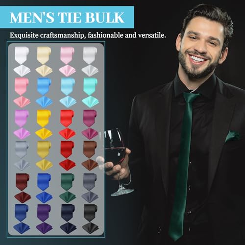 Image of Zhanmai 48 Pcs Men Solid Color Ties and Pocket Square Set Satin Necktie Business Handkerchief for Wedding Party