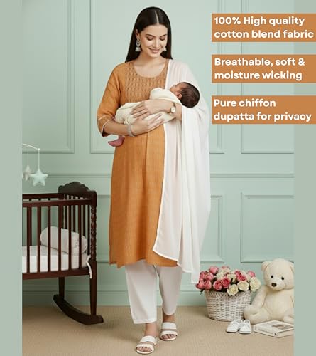 Image of DUMMY SHAPE Feeding Dresses for Women Full Set | Cotton Blend Floral Embroidered Kurta Pant Dupatta Suit with Nursing Zippers to Pre & Post Pregnancy | Gift for Pregnant Woman
