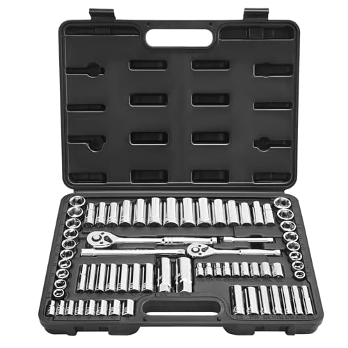 VEVOR Jeu de Douilles SAE et Métriques Profondes et Standard, Kit d'Outils de Mécanicien 69PCs, avec Clé à Cliquet à Entraînement de 9,5 et 6,4 mm, Accessoires et...