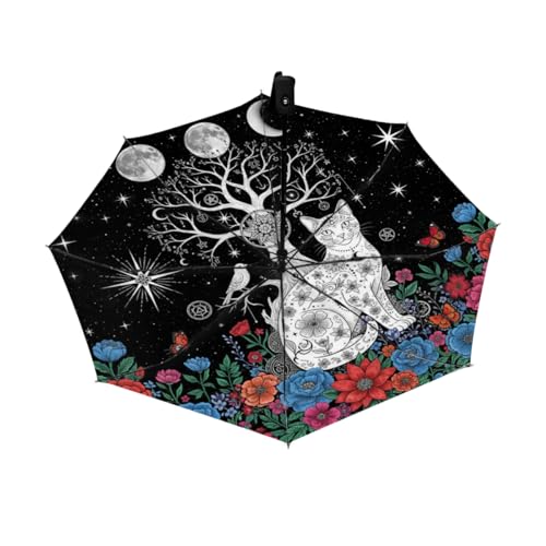 Parapluie de voyage inversé automatique Chat et Lune compact et coupe-vent