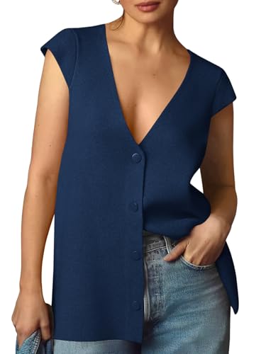 Image of Saodimallsu Womens Deep V Neck Sweater Vest Sleeveless Knit Button Up Loose Fit Cap Sleeve Trendy Summer Tops