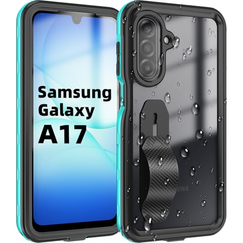 for Samsung Galaxy A17 5G Phone Case, IP68 Waterproof Dustproof, Built-in Screen Protector, Rugged Full Body Shockproof Protective Cover with Cell Phone Ring Holder for Samsung A17 5G / 4G （Cyan）