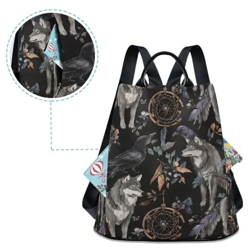 Image of ALAZA Watercolor Black Raven and Wolf Boho Backpack Purse with Adjustable Straps