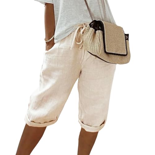 Womens Cotton Linen Shorts Knee Length Drawstring Elastic Waist Summer Casual Gym Going Out Shorts with Pockets