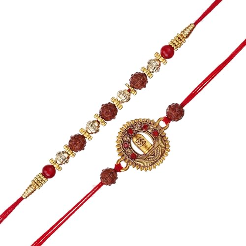 Image of eCraftIndia Set of 2 Light Blue Golden Premium Designer Rakhi for Brother Bhaiya Bhai | Roli Chawal Pack | Rakhi Combo