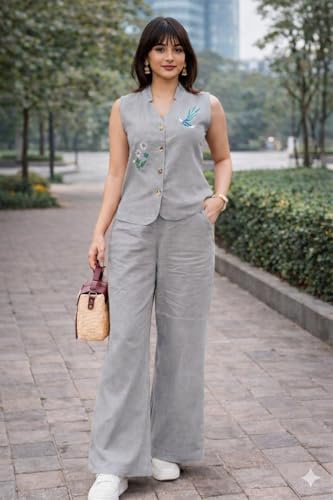 Image of Yellow Embroidered Co-Ord Set, Sleeveless Vest with Wide-Leg Trousers