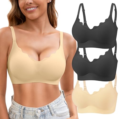 Image of Womens Seamless T-Shirt Bras 3 Pack Wireless Comfy Jelly Bra, Full Coverage Bralette No Show Under Clothes