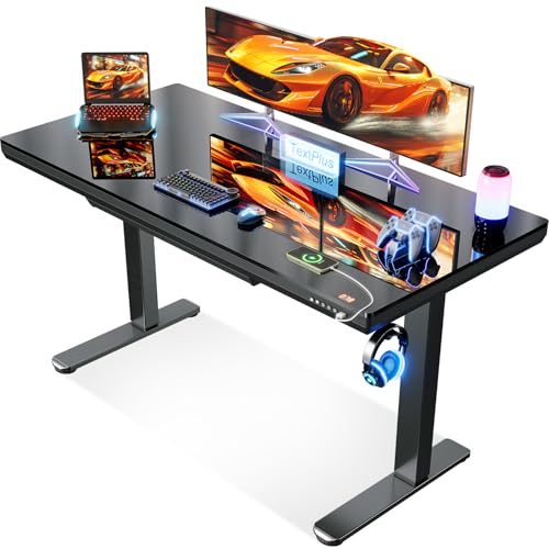 OffiGo Glas Höhenverstellbarer Schreibtisch, 140 x 60 cm Elektrischer Schreibtisch mit Schublade, Ganze Tischplatte mit USB und Type-C, Standing desk, Steh-Sitz Glastisch für Home Office Büro, Schwarz