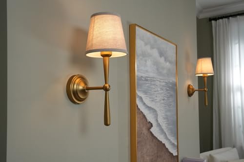 Image of Yosoan Brass Linen Shade Bedside Vanity Wall Sconce Set of 2, Vintage Industrial Hardwired Indoor Boho Gold Wall Mounted with Funnel Textile for Bedroom Stairwell Hallway (Antique)