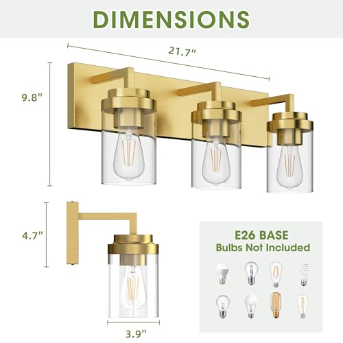 Image of Bathroom Lighting Fixtures, 3-Light Bathroom Vanity Lights Over Mirror, Brass Vanity Light with Glass Shade, Modern Vanity Lighting Fixtures for Bedroom, Hallway