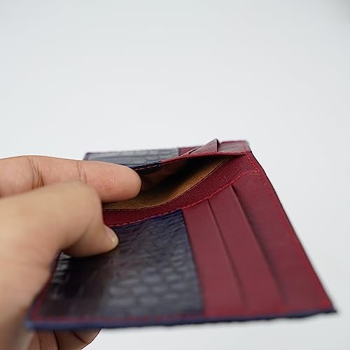 Image of HATA Navy Blue Red Exotic Bifold Wallet for Men, Billfold with Mixed Leather Interior, RFID Blocking Card Holder, Handmade Gift for Birthday, Anniversary, Father's Day VIMIX-42