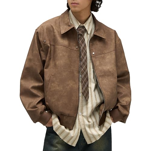 Men's Loose Leather Jacket Zip-Up Motorcycle Bomber Jackets Classic Causal PU Leather Coats