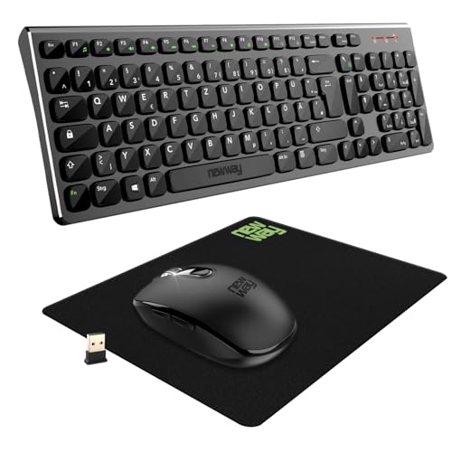 NEWWAY - 2024 Neu - RF02 Wireless 2,4 GHz Tastatur Maus Pack mit Matte - Deutsche Tasten (QWERTZ) 105 Tasten 13 Multimedia-Tastenkombinationen - Maus 6 Tasten - USB-Empfänger - Schwarz