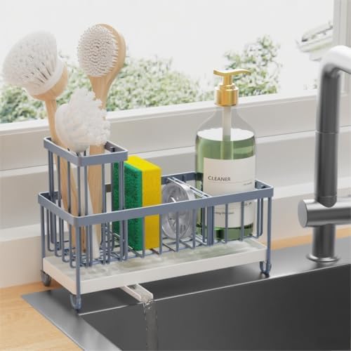 Cisily Sponge Holder for Kitchen Sink, Sink Caddy with High Brush Holder, Organzier Rustproof 304 Stainless Steel Dish Organizer Divider, Soap Dispenser Storage 10