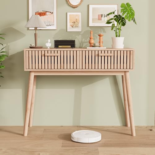 DIYHOM Konsolentisch mit 2 Schubladen, Sofatisch Schreibtisch mit Holzbeinen, für Home Office, Wohnzimmer, Flur, Holz, 100 x 35 x 80 cm