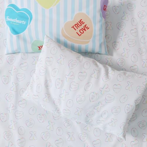 Image of Sweethearts Original Candy Hearts Bedding 5 Piece Twin Bed Set, Soft Cozy Nostalgia Reversible Comforter and Sheet Set with Sham, Officially Licensed Product By Franco