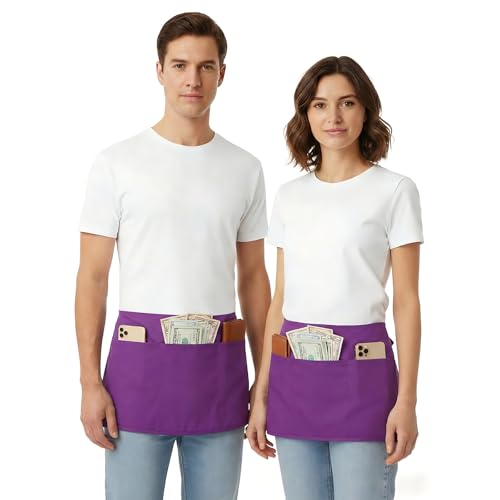Image of BOHARERS Waist Purple Apron with 3 Pockets - Black Waitress Server Short Apron