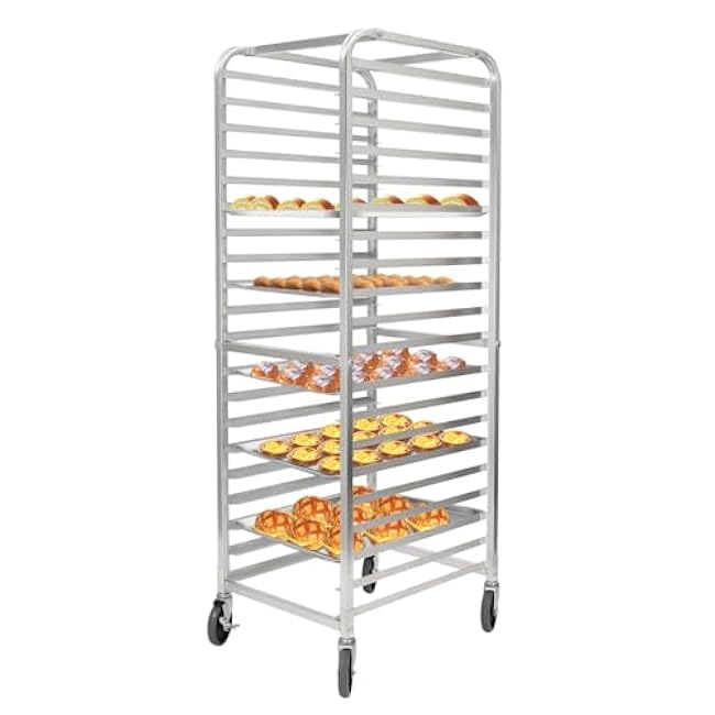 20-Tier Bun Pan Rack, Aluminum Racking Trolley Storage with Brake Wheels, Commercial Bakery Racks for Bread Dough Pizza Cooling,For Kitchen Home, Bread Baking Equipment, 26 L x 20.5 W x 69 H-iQZe6NHH