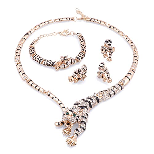Trendy Gold Color Handmade Enameled Leopard Tigle Crystal Necklace Bracelet Earrings Ring Party Costume Jewelry Sets