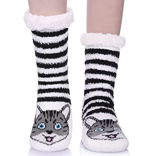 Womens Super Soft Cute Cartoon Animal fuzzy Cozy Non-Slip Winter Slipper Socks (Cat)