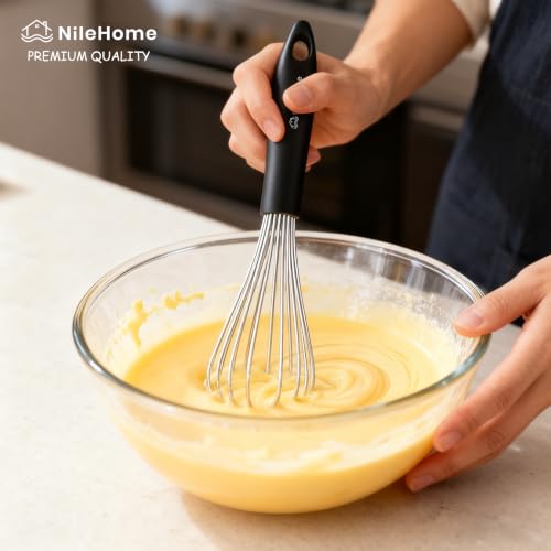 Image of NileHome Silicone Whisk Set 8 inch 10 inch Kitchen Whisk Kitchen Wisk Wire Whisks for Cooking, Whisking, Blending, Beating, Stirring-Black Silver