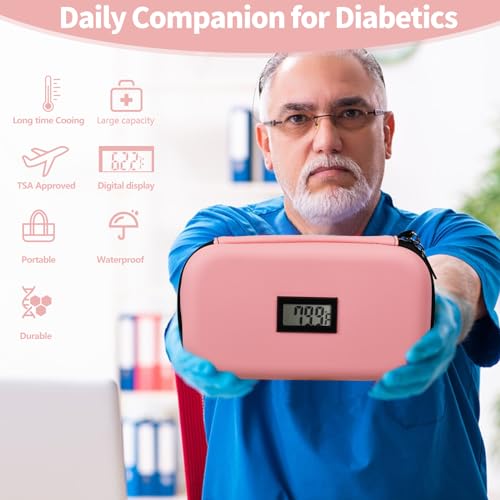 Image of Insulin Travel Organizer - TSA Approved Diabetic Medicine Storage Bag with Temperature Display and 2 Cooling Gel Packs (Pink)