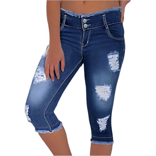 Jean Pedal Pushers for Women Casual Skinny Frayed Raw Hem Low Rise Capri Jeans Summer Button Denim Bermuda Shorts