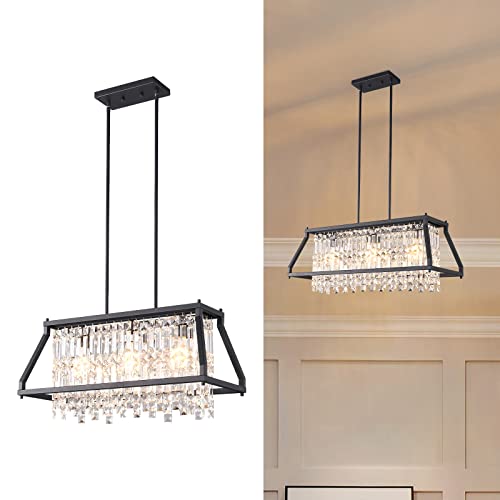 Image of LMQNINE Chandeliers for Dining Room, 3-Light Trapezoidal Industrial Dining Room Light Fixture Farmhouse Chandelier Crystal Pendant Lights Kitchen Island Living Room (Black 25.98 inch)