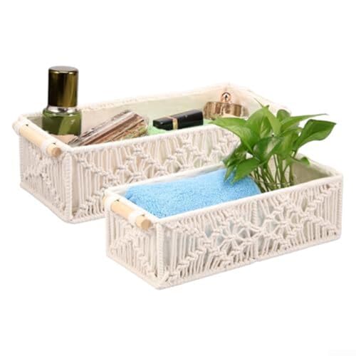 Hasaller Juego de 2 cestas de almacenamiento de macramé tejidas a mano con asas de madera, organizador de algodón para sala de estar, dormitorio, baño, cocina, cosméticos, juguetes, joyas, papelería
