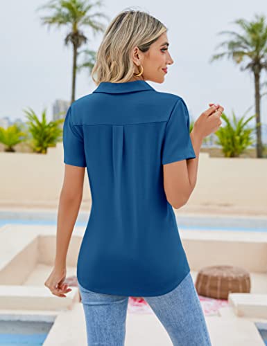 Zhenwei Womens Polo T-Shirts Short Sleeve Stretch Tunic Tops Loose Casual V Neck Collared Blouse,Blue,M #TOP4