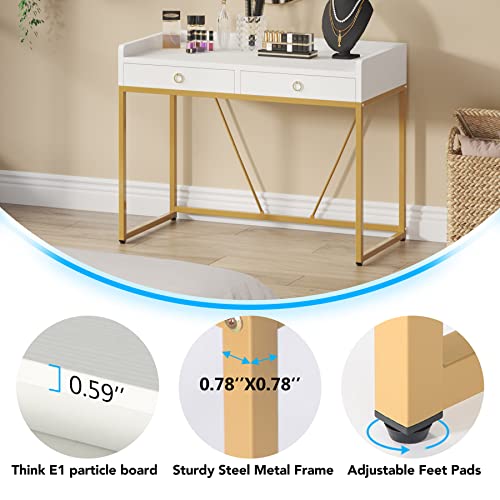 Tribesigns White Gold Vanity Desk With 2 Drawers, Modern Makeup Vanity Dressing Table For Bedroom 43 Inch White And Gold Desk, Simple Modern Study Writing Desks With Storage #TOP6