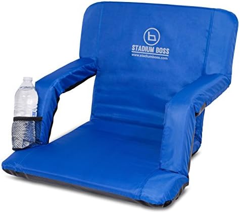 Stadium Boss Recliner Stadium Seat for Bleachers, Benches, Lawns, Backyard, Camping & Beach – Padded Sport Chair, Cushion Backs & Armrest – 6 Reclining Positions – Portable Carry Straps – Blue