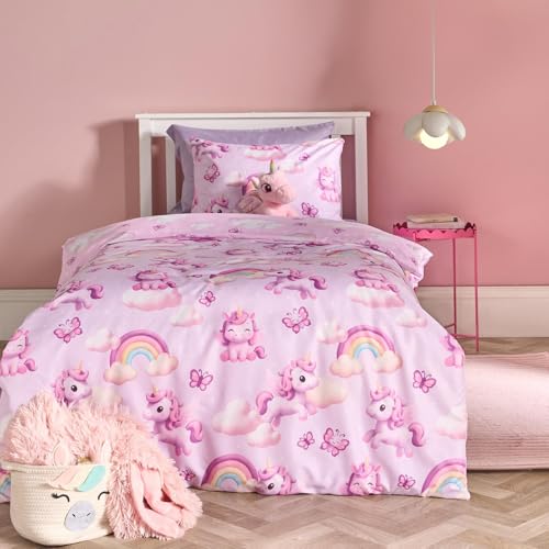 OHS Unicorn Fun Girls Bedding Double Duvet Set Gifts for Girls Super Soft Cosy Warm Microfibre Polyester Kids Quilt Cover Stylish Double Bedding with Pillowcases Lilac