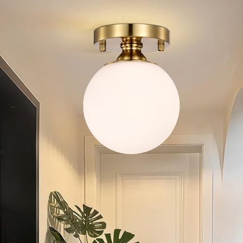 Small Gold Semi Flush Mount Ceiling Light, 5.9" Globe Glass Shade, Mid Century Modern Hallway Ceiling Light for Entryway, Bathroom, Laundry Room, E14