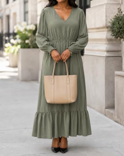 Women's Army Green Puff Long Sleeve Empire Waist Flowy Pockets Maxi Dress - image 5