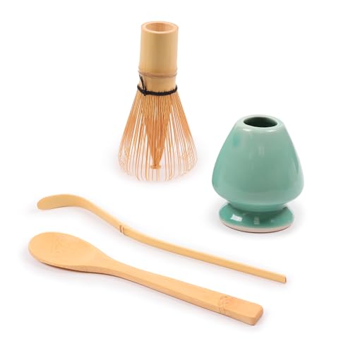 BambooMN Brand - Matcha Green Tea Whisk Set - Whisk + Scoop + Tea Spoon + Green Whisk Holder