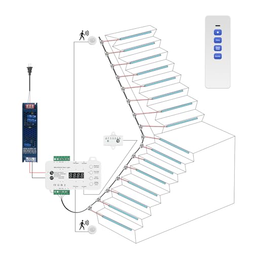 Image of Intelligent Motion Sensor LED Stair Light Kit with Main Wire& Daylight Sensor, Step by Step Control 47.2 Inches Cuttable LED Strip Lights Indoor with Remote (20 Stairs,6000K)