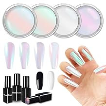 Allstarry Chrome Nail Powder Kit Black White Gel Polish with Top Coat and Base Coat Set, 4 Colors Iridescent Aurora Powder Metallic Mirror Effect Mermaid Pigment Glitter Dust for Nail Art Decoration