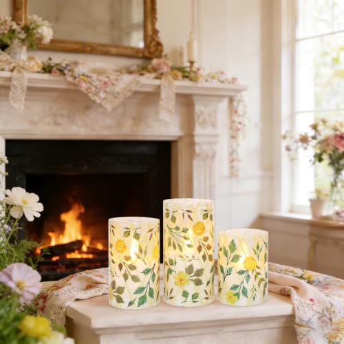 Image of Flameless LED Candles with Remote Control and Timer, Yellow Flower Green Grass Design, Glass Pillar Candles, Set of 3