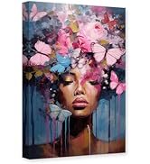 CXHOSTENT African American Canvas Wall Art Pink Butterfly on Black Women Head Pictures Black Girl...