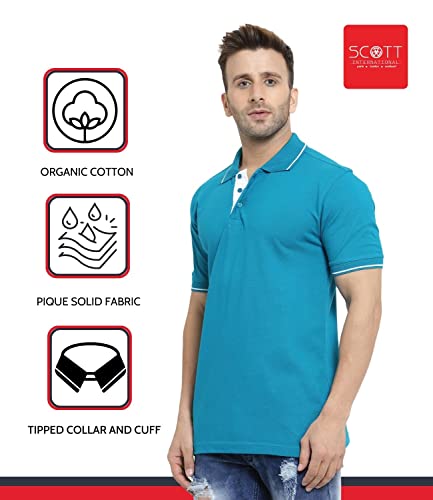 Image of Scott International Men's Organic Cotton Regular Fit Polo T-Shirt (Turquoise Green with White, Medium)
