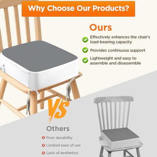 Booster Seat for Kitchen Chair, 3.8" Toddler Booster Seats for Dining Table with Ties, PU Dining Chair Pads with Side Pockets, Non-Slip & Removable Booster Seat for Table Increasing Cushion (Grey)