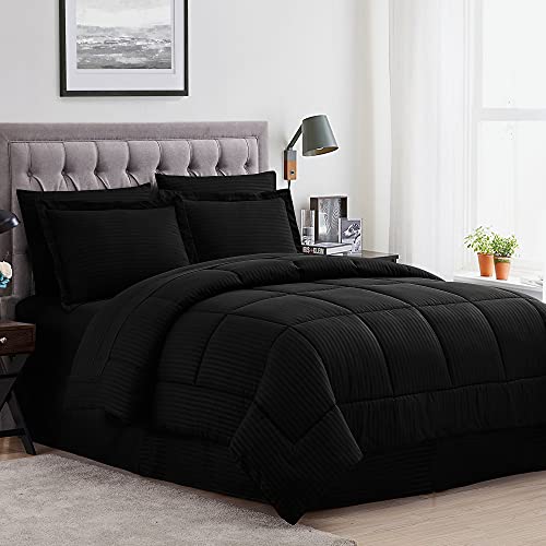 Sweet Home Collection 8 Piece Comforter Set Bag Fashion Design Bed Sheets 2 Pillowcases & 2 Shams & Bed Skirt All Season Warmth, Queen, Dobby Black