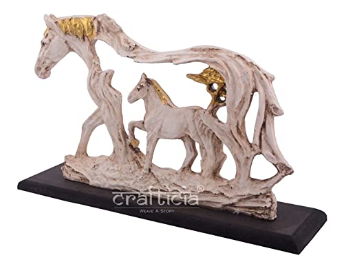 Image of Resin Horse Statue with Baby Horse Animal Figurine On Wooden Base for Feng Shui and Vaastu Statue (27.5X7.5X20 cm, Off White)