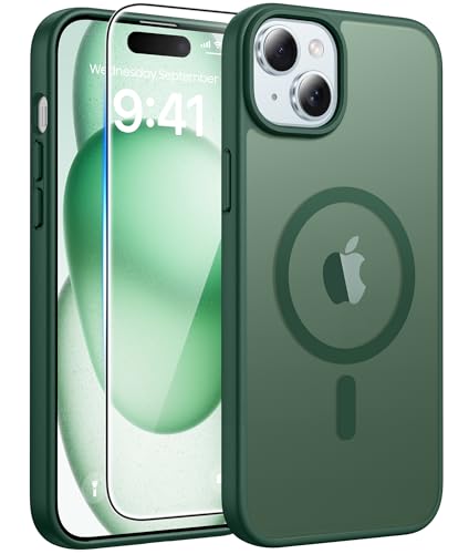 FNTCASE for iPhone 15 Case: for iPhone 14 Case & iPhone 13 Case [Compatible with Magsafe] Translucent Matte Cases with [Screen Protector] Military Grade Shockproof Protective Phone Cover - Green