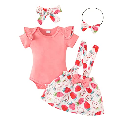 Newborn Baby Girl Clothes Ruffle Short Sleeve Ribbed Cartoon Print Romper Suspender Skirt Overall Dress Set (B-Pink,3-6 Months)