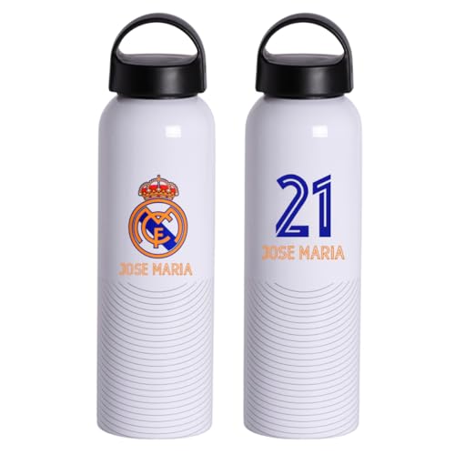 DEREGALOOS Botella Real Madrid Personalizada con Nombre y Número. Producto con Licencia Oficial. Capacidad 0,6 L Aluminio Reutilizable. Regalo Ideal para Aficionados al Fútbol (Blanco)