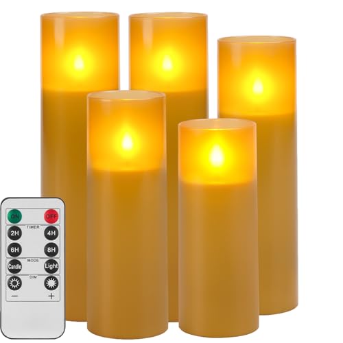 haitanghua Flameless Candles, Battery Operated Candles, LED Candles, Fake Candle with Remote Control and Timer, White Matte Shell, Set of 5(H5 6' 7' 8')
