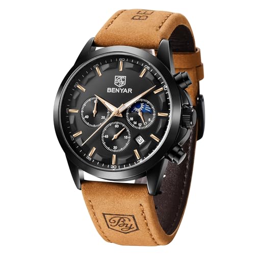 BENYAR Relojes para Hombre Analógico Movimiento Cuarzo Cronografo Impermeable Luminoso Moda Casual Reloj de Pulsera Correa de Cuero Elegante Regalo para Hombre BENYAR Relojes para Hombre Analógico Movimiento Cuarzo Cronografo Impermeable Luminoso Moda Casual Reloj de Pulsera Correa de Cuero Elegante Regalo para Hombre